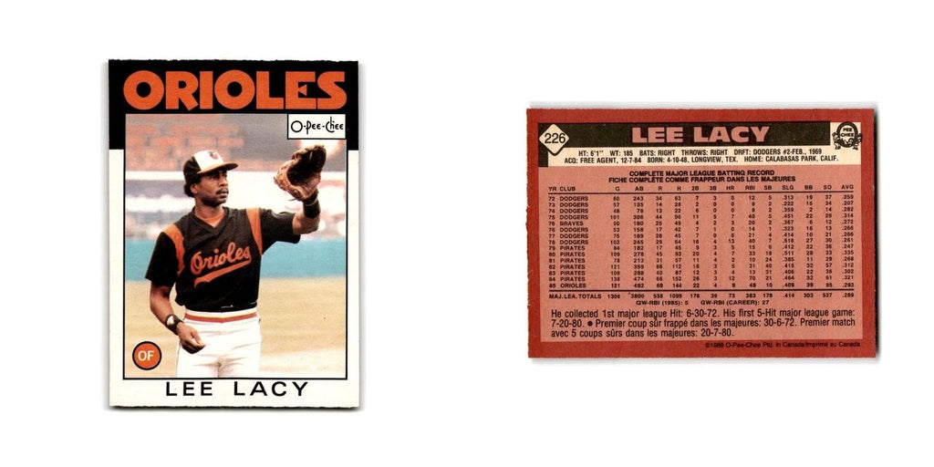 Lee Lacy 1986 O-Pee-Chee #226 Baltimore Orioles Baseball Card NM
