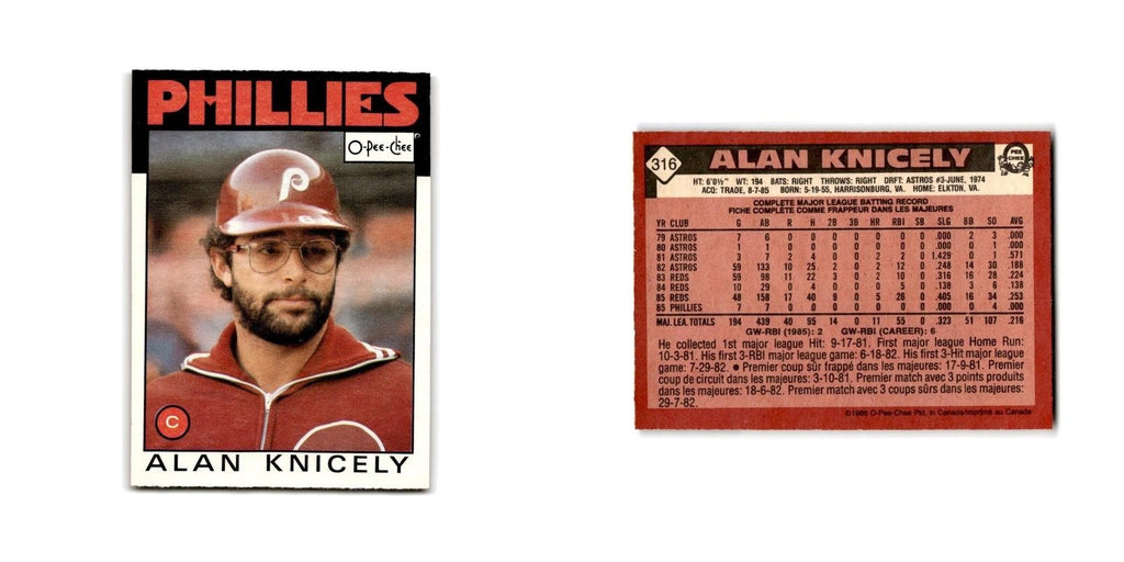 Alan Knicely 1986 O-Pee-Chee #316 Philadelphia Phillies Baseball Card NM