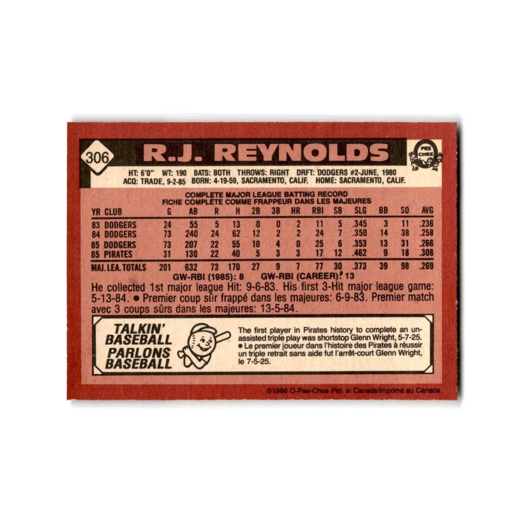 R.J. Reynolds 1986 O-Pee-Chee #306 Pittsburgh Pirates Baseball Card NM