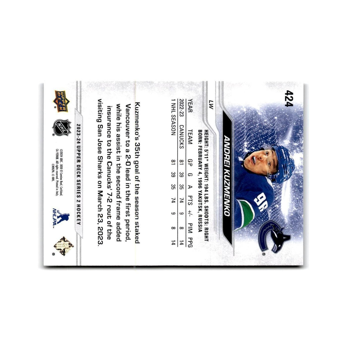 2023 Upper Deck Andrei Kuzmenko Vancouver Canucks #424