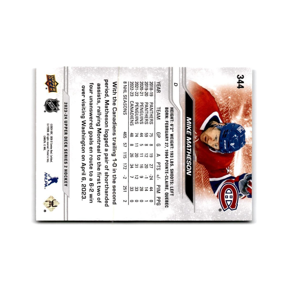 2023 Upper Deck Mike Matheson Montreal Canadiens #344