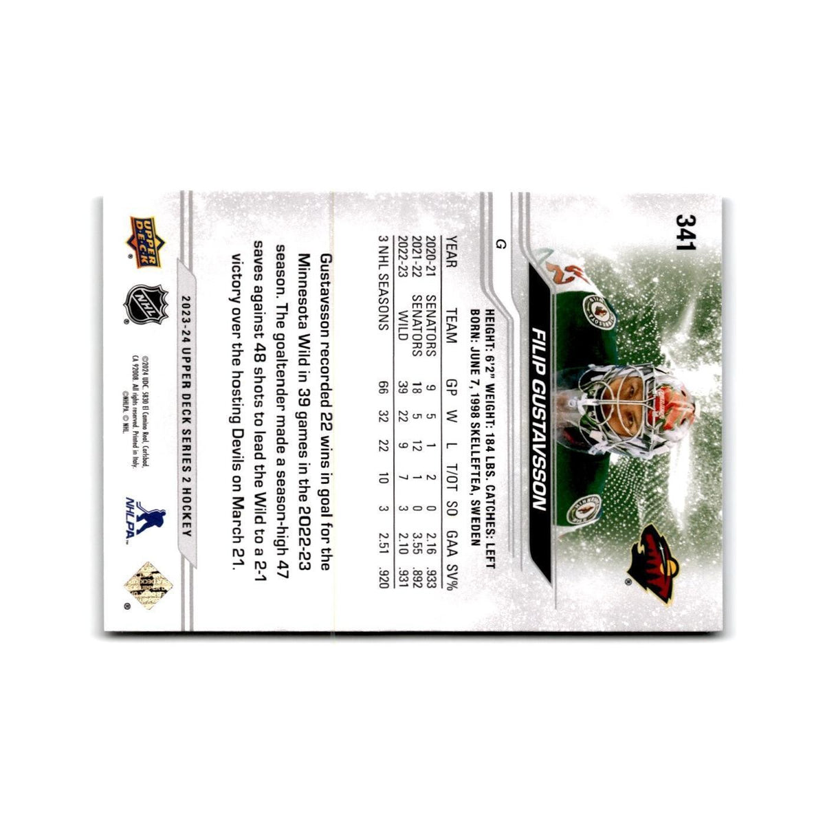 2023 Upper Deck Filip Gustavsson Minnesota Wild #341