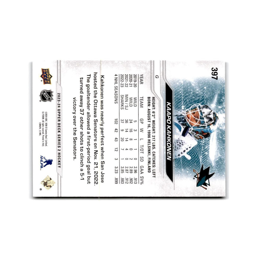 2023 Upper Deck Kaapo Kahkonen San Jose Sharks #397