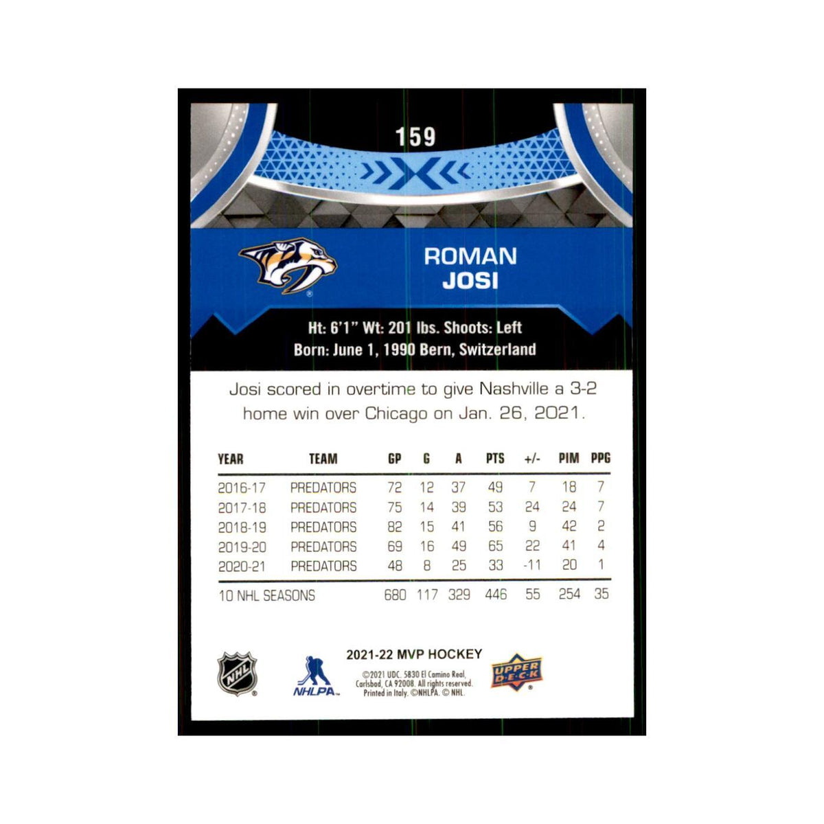 Roman Josi 2021 Upper Deck MVP #159 Hockey Cards Hockey Card NM