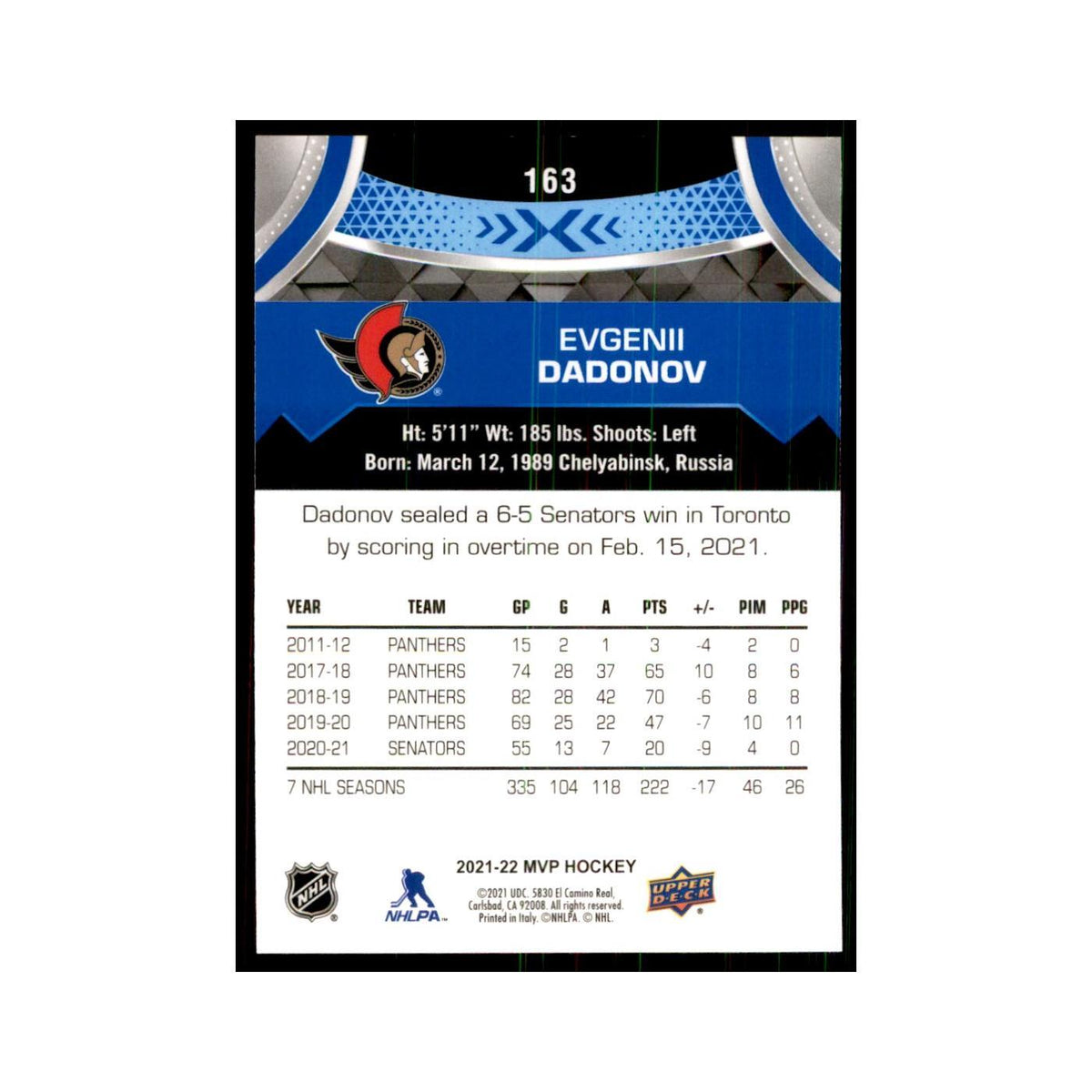 Evgenii Dadonov 2021 Upper Deck MVP #163 Hockey Cards Hockey Card NM
