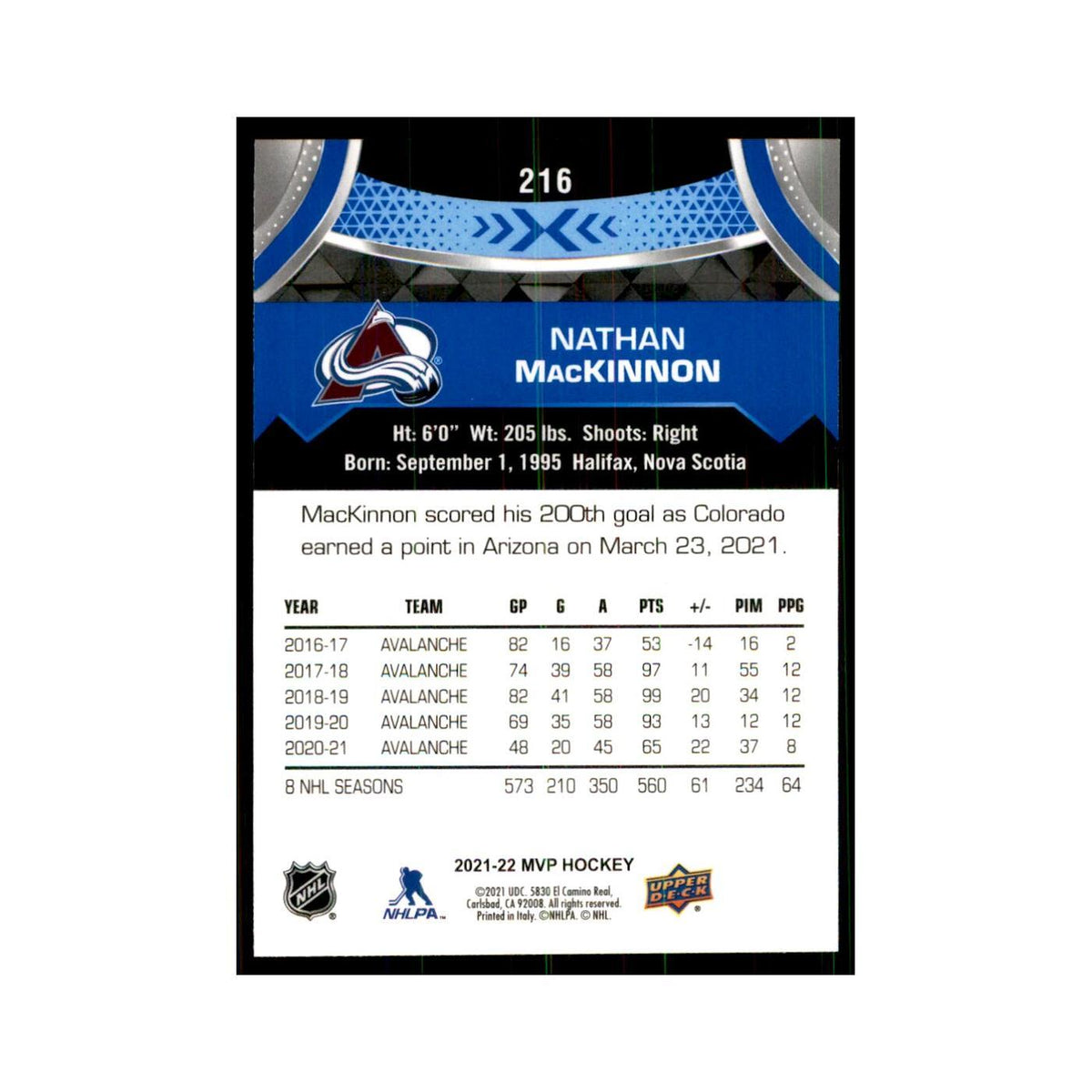 Nathan MacKinnon 2021 Upper Deck MVP #216 Hockey Cards Hockey Card NM
