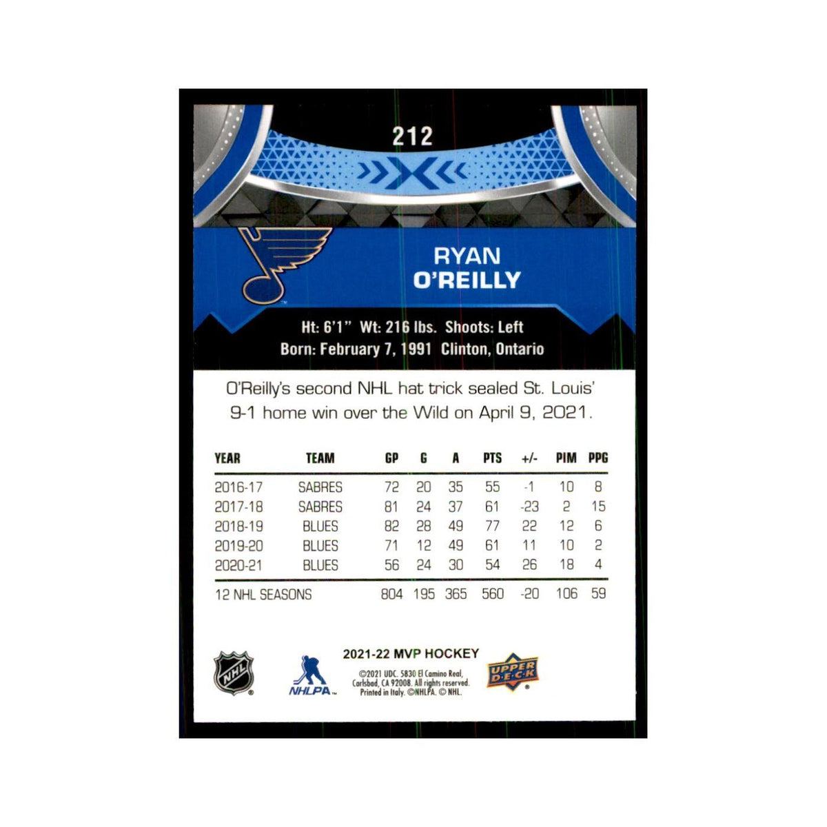 Ryan O'Reilly 2021 Upper Deck MVP #212 Hockey Cards Hockey Card NM
