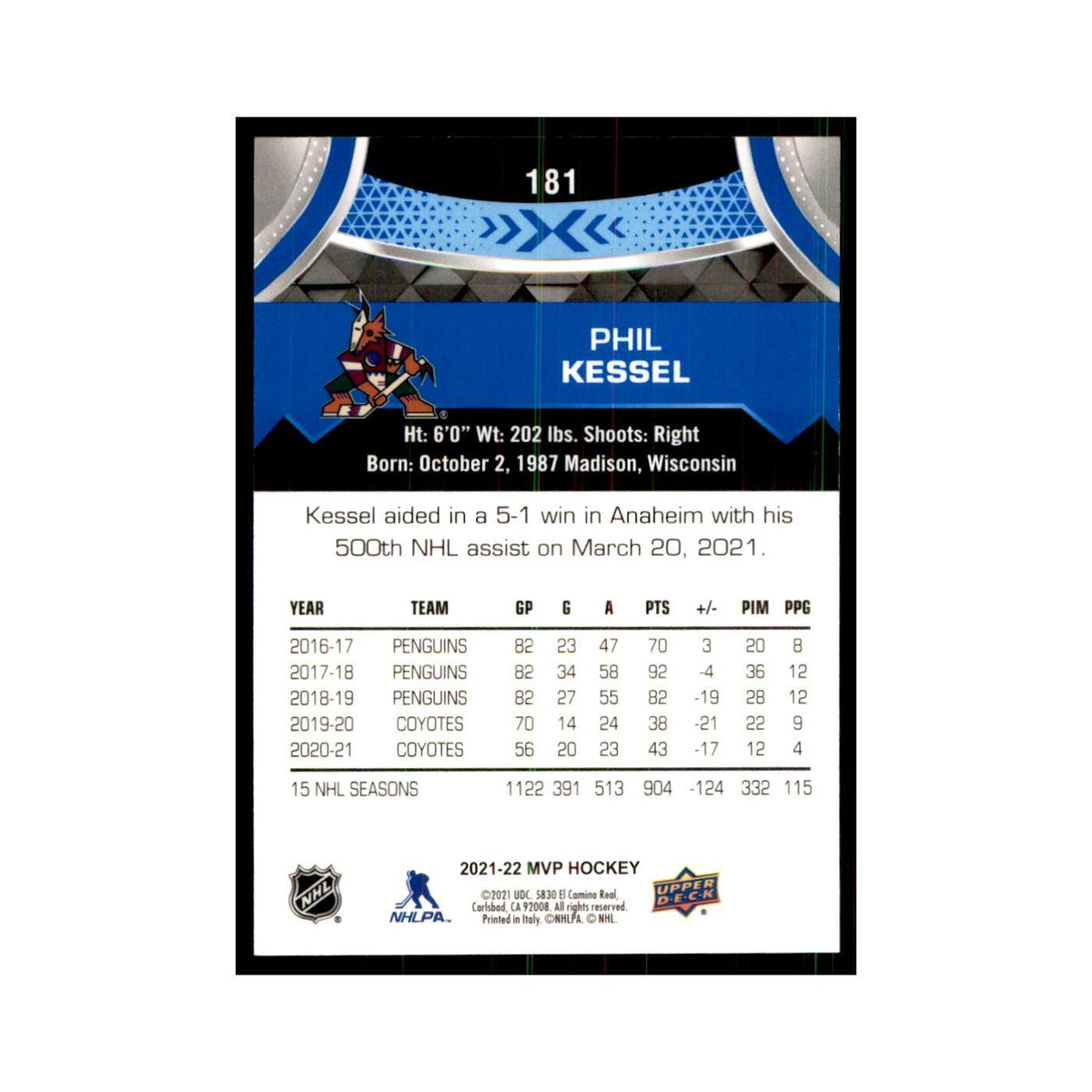Phil Kessel 2021 Upper Deck MVP #181 Hockey Cards Hockey Card NM