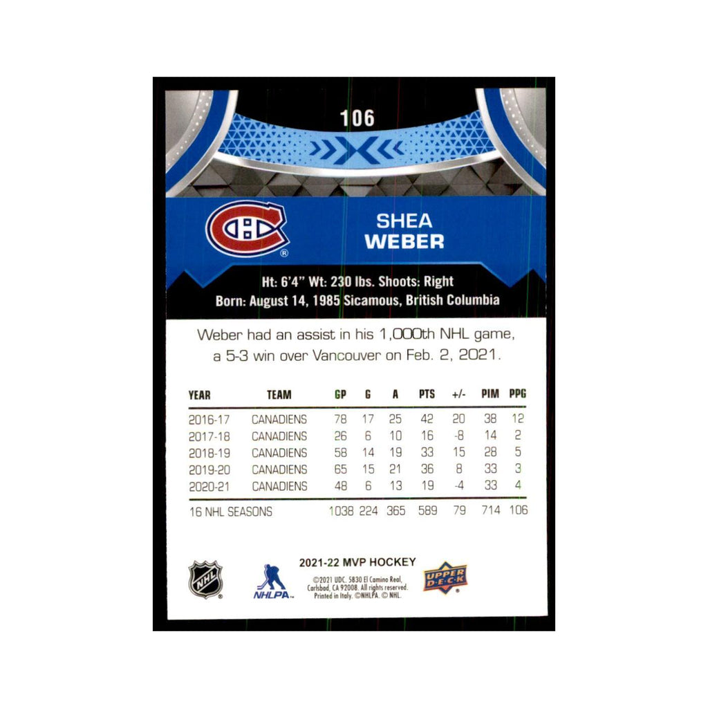 Shea Weber 2021 Upper Deck MVP #106 Hockey Cards Hockey Card NM