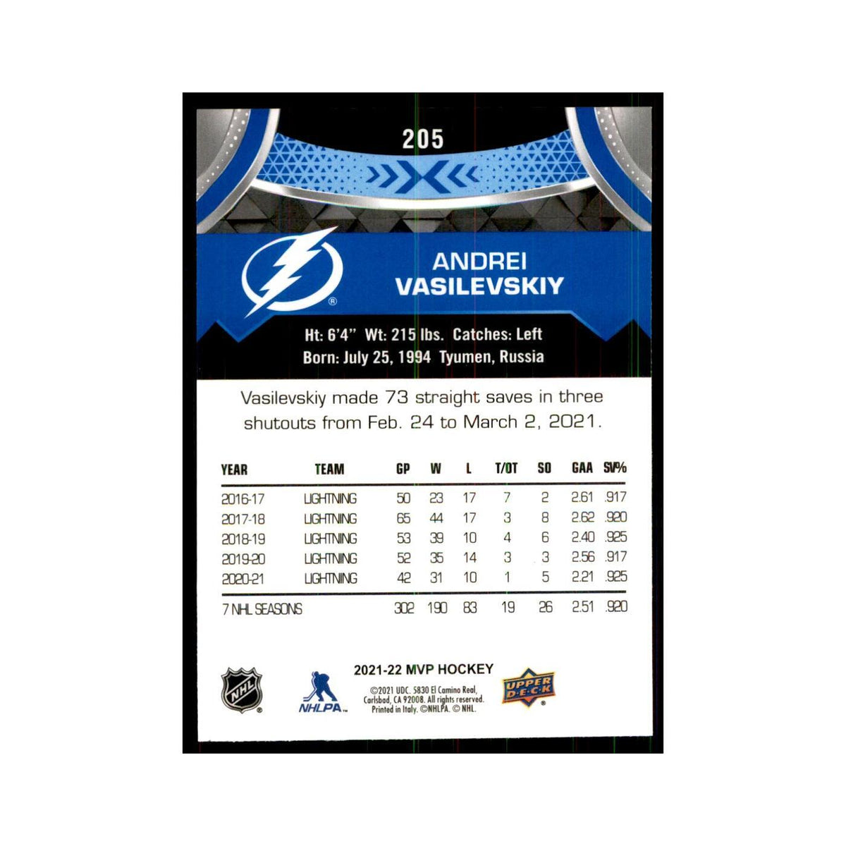 Andrei Vasilevskiy 2021 Upper Deck MVP #205 Hockey Cards Hockey Card NM