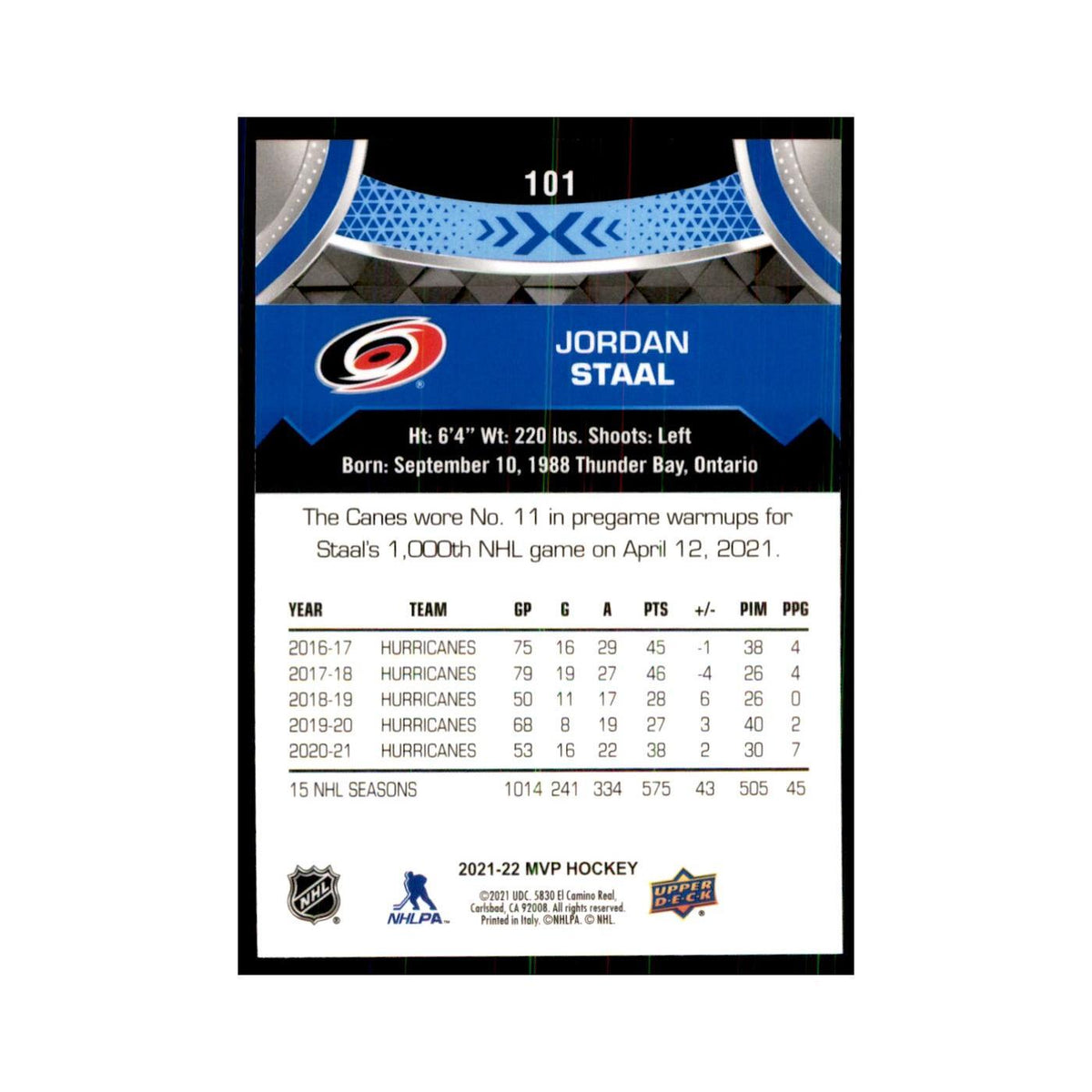 Jordan Staal 2021 Upper Deck MVP #101 Hockey Cards Hockey Card NM