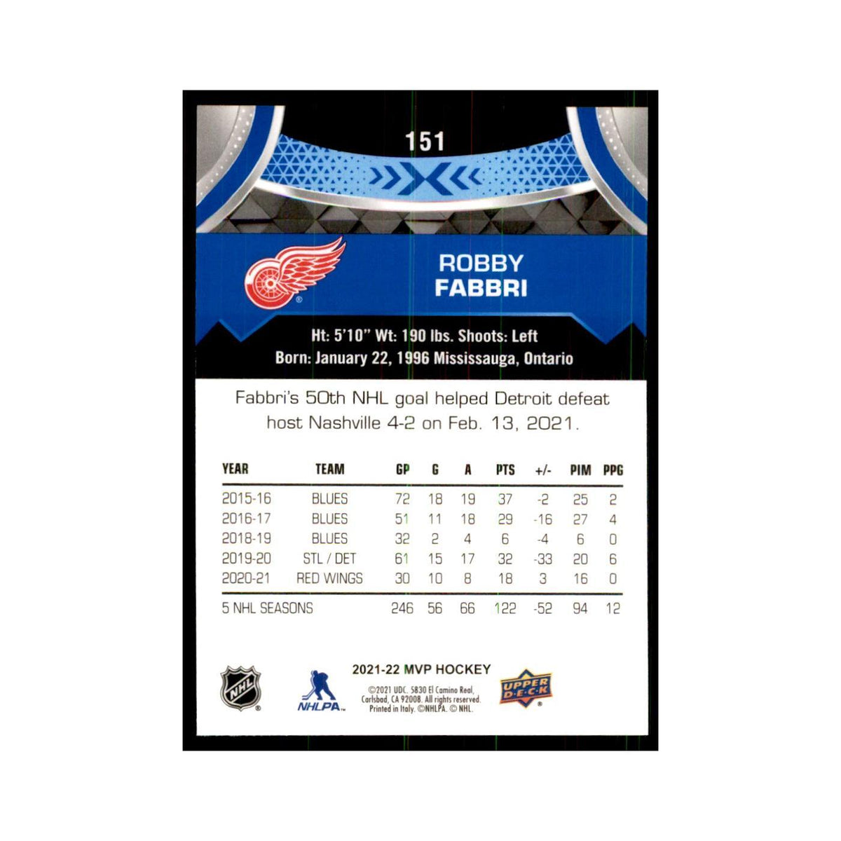 Robby Fabbri 2021 Upper Deck MVP #151 Hockey Cards Hockey Card NM