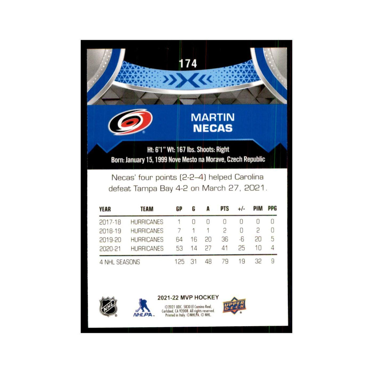 Martin Necas 2021 Upper Deck MVP #174 Hockey Cards Hockey Card NM