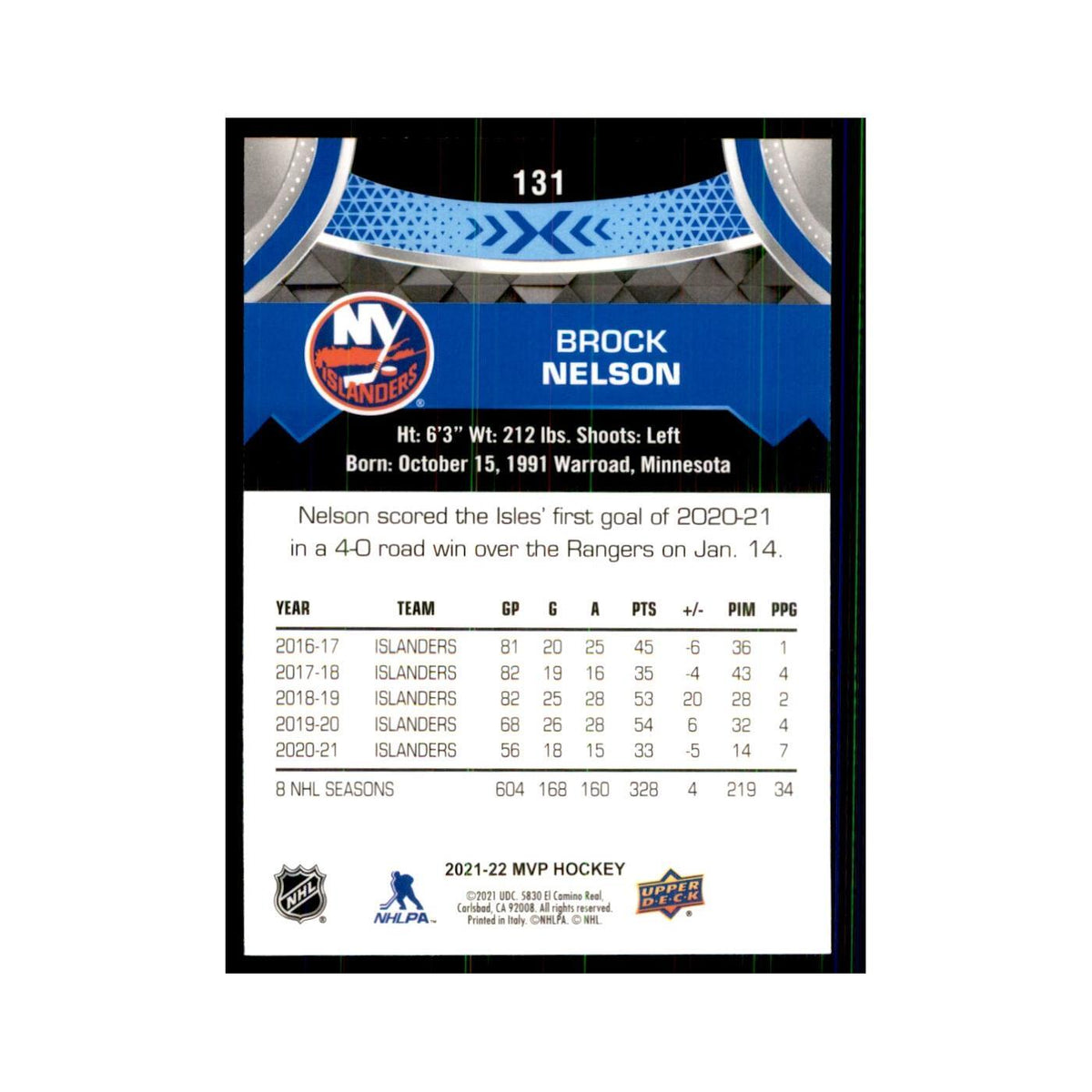 Brock Nelson 2021 Upper Deck MVP #131 Hockey Cards Hockey Card NM
