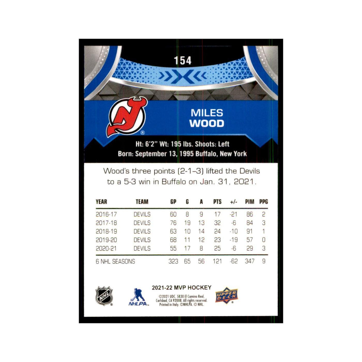 Miles Wood 2021 Upper Deck MVP #154 Hockey Cards Hockey Card NM