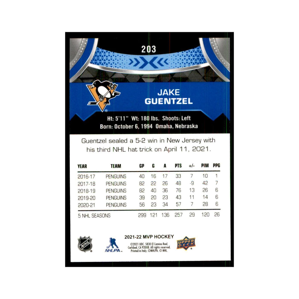 Jake Guentzel 2021 Upper Deck MVP #203 Hockey Cards Hockey Card NM