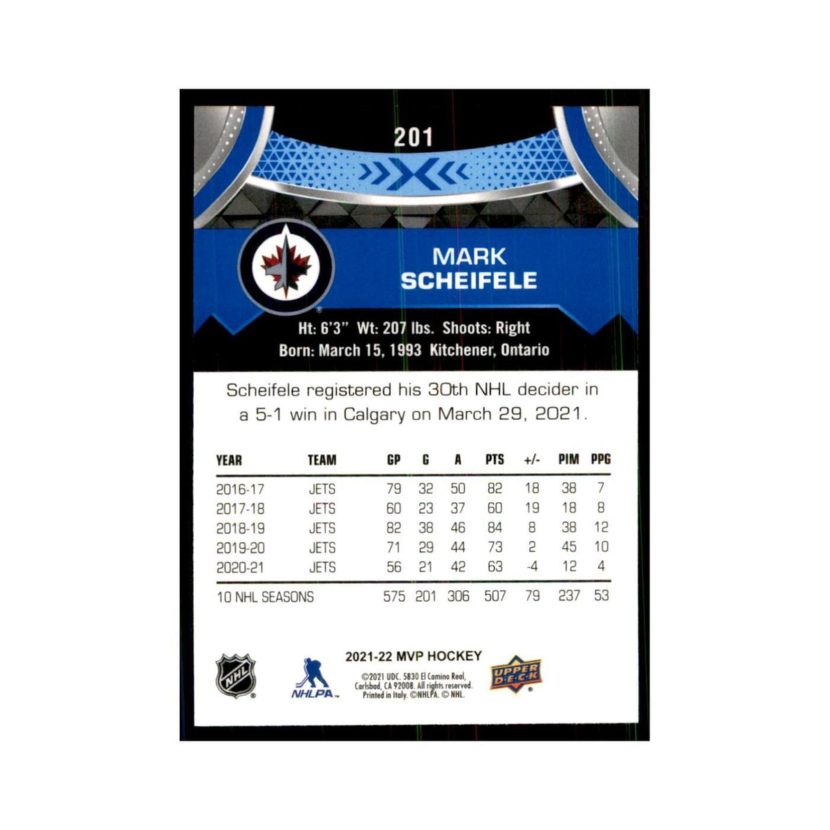 Mark Scheifele 2021 Upper Deck MVP #201 Hockey Cards Hockey Card NM