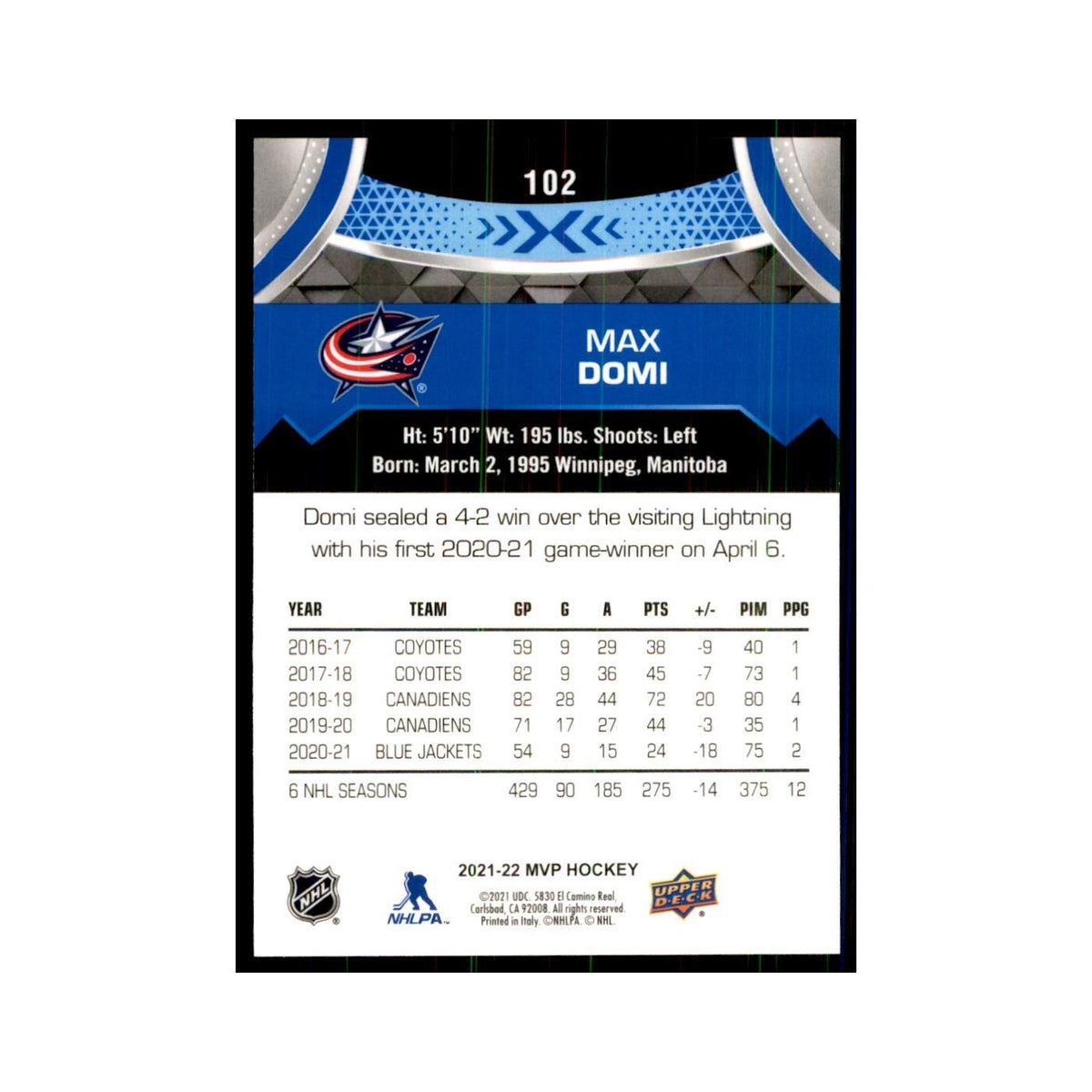 Max Domi 2021 Upper Deck MVP #102 Hockey Cards Hockey Card NM