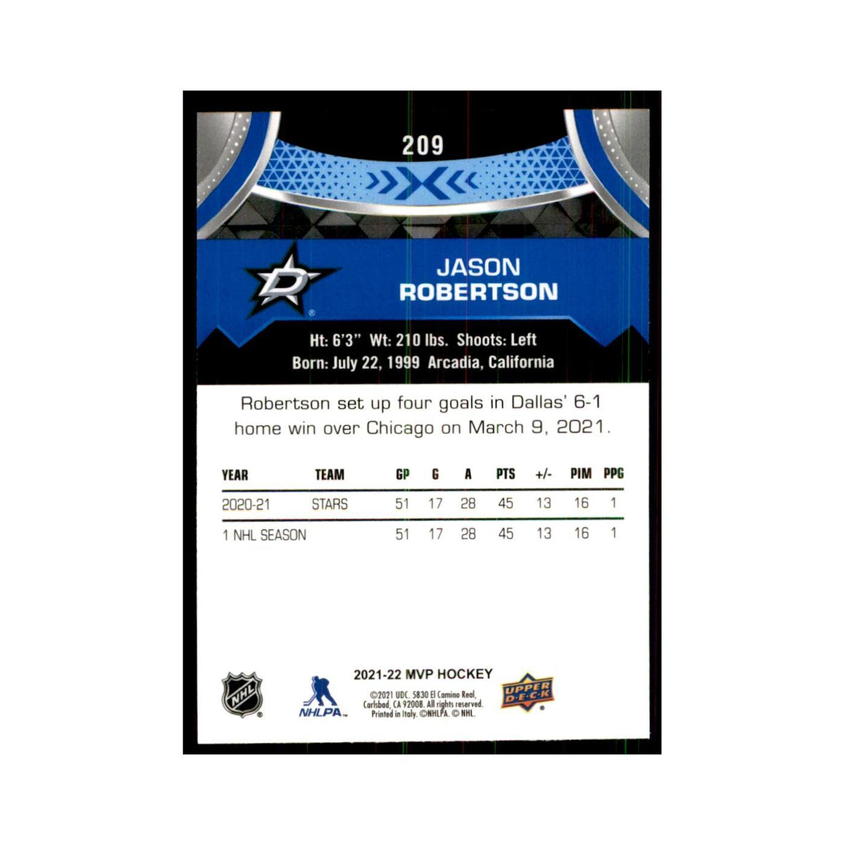Jason Robertson 2021 Upper Deck MVP #209 Hockey Cards Hockey Card NM