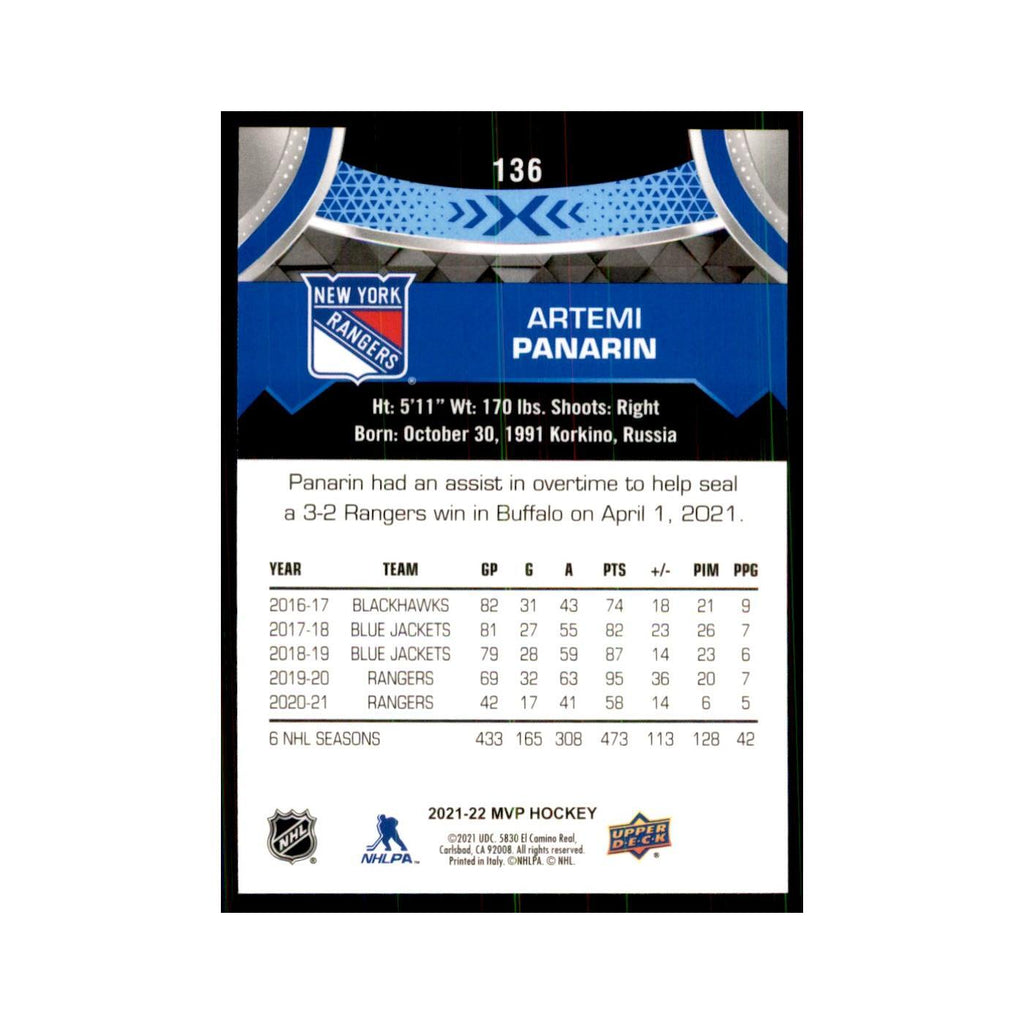 Artemi Panarin 2021 Upper Deck MVP #136 Hockey Cards Hockey Card NM
