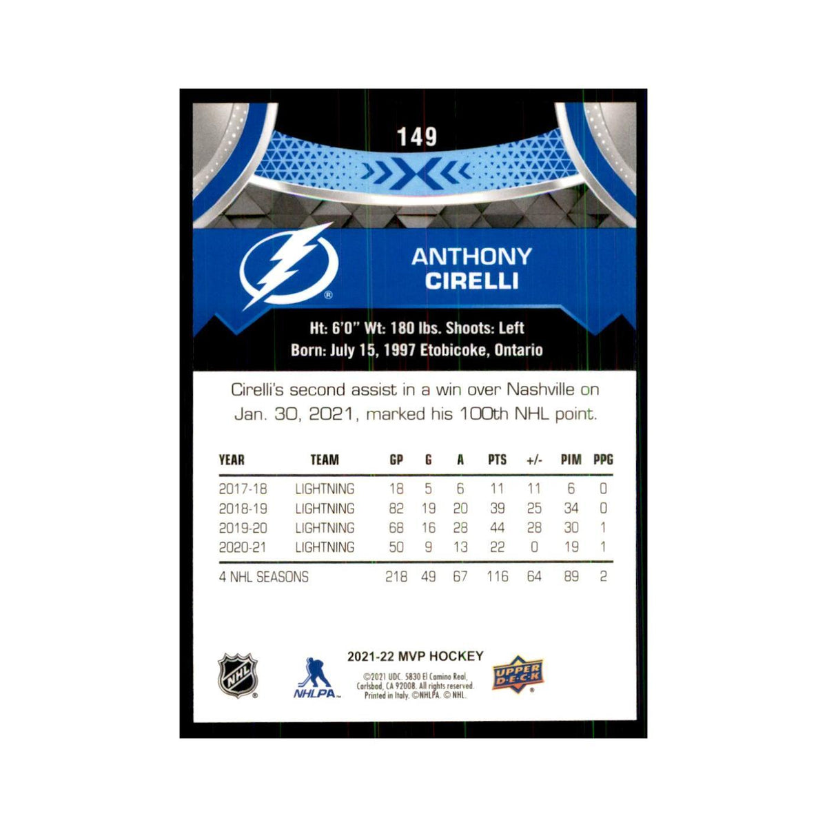 Anthony Cirelli 2021 Upper Deck MVP #149 Hockey Cards Hockey Card NM