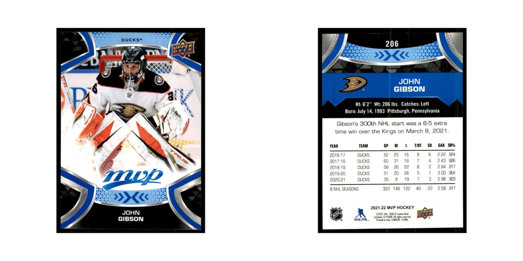 John Gibson 2021 Upper Deck MVP #206 Hockey Cards Hockey Card NM