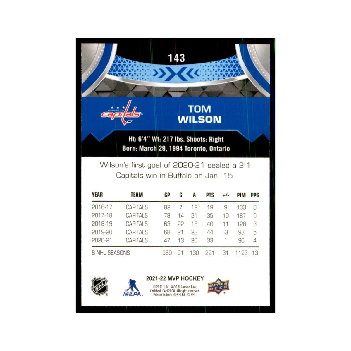 Tom Wilson 2021 Upper Deck MVP #143 Hockey Cards Hockey Card NM