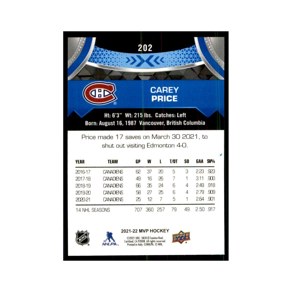 Carey Price 2021 Upper Deck MVP #202 Hockey Cards Hockey Card NM