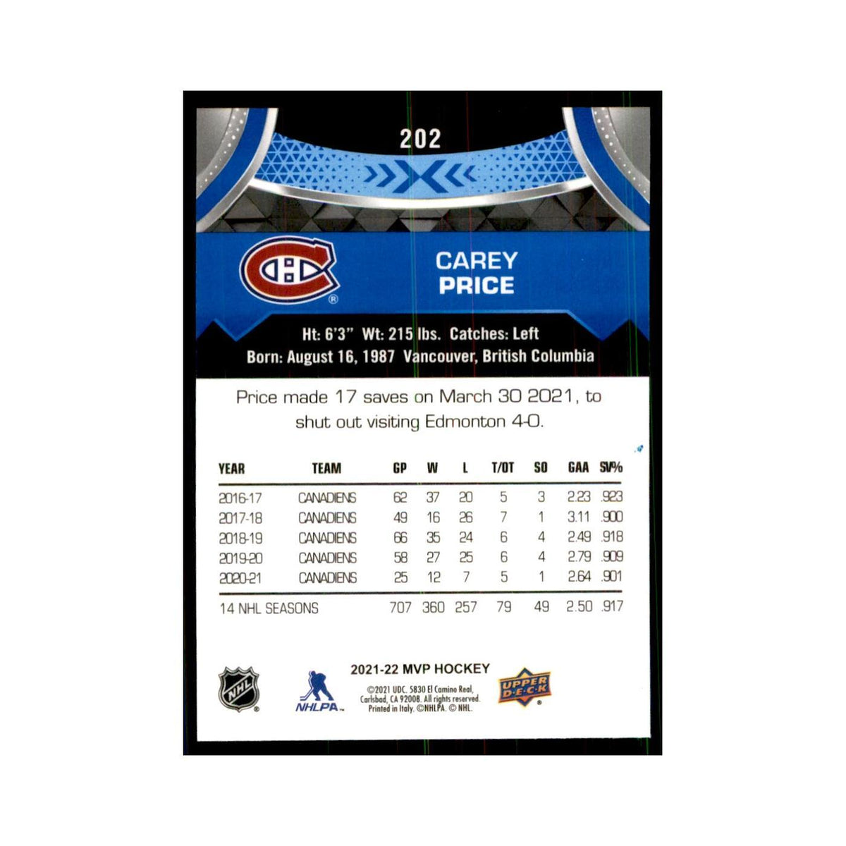 Carey Price 2021 Upper Deck MVP #202 Hockey Cards Hockey Card NM