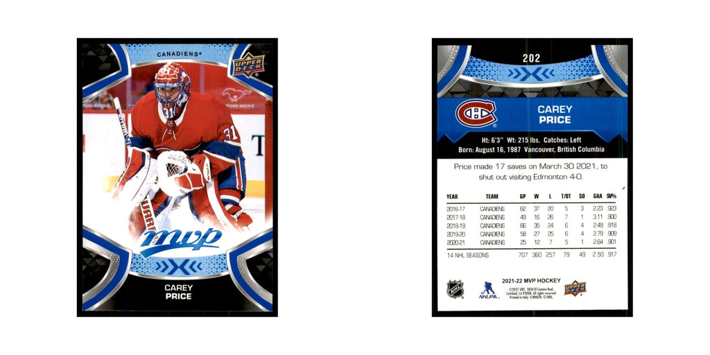 Carey Price 2021 Upper Deck MVP #202 Hockey Cards Hockey Card NM