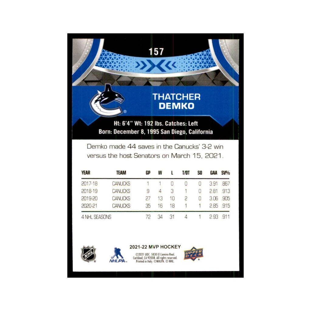 Thatcher Demko 2021 Upper Deck MVP #157 Hockey Cards Hockey Card NM