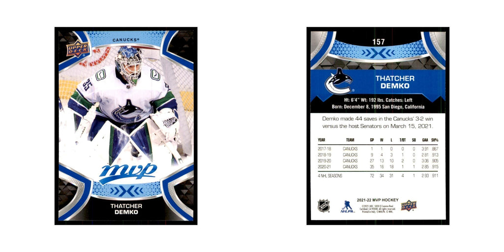 Thatcher Demko 2021 Upper Deck MVP #157 Hockey Cards Hockey Card NM