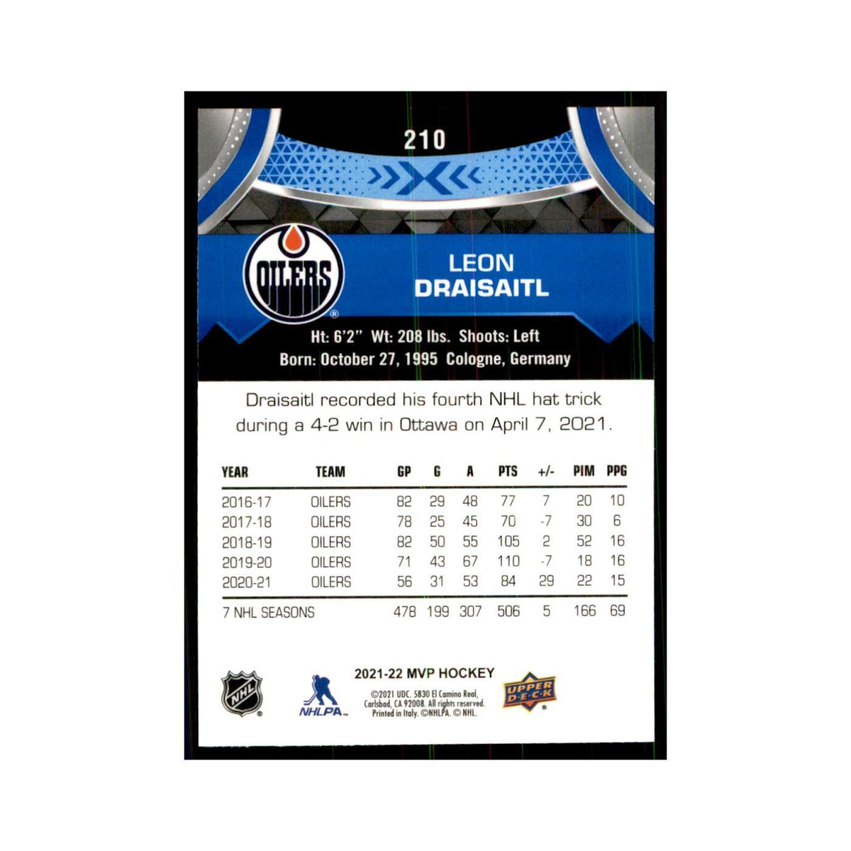 Leon Draisaitl 2021 Upper Deck MVP #210 Hockey Cards Hockey Card NM