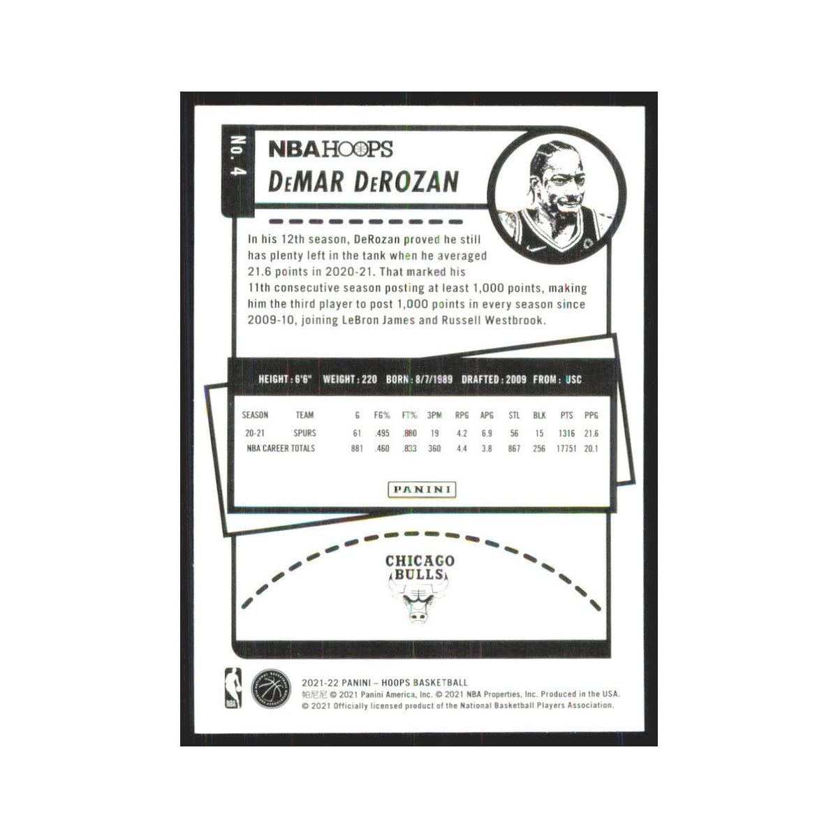 DeMar DeRozan 2021 NBA Hoops #4 Chicago Bulls Basketball Card NM