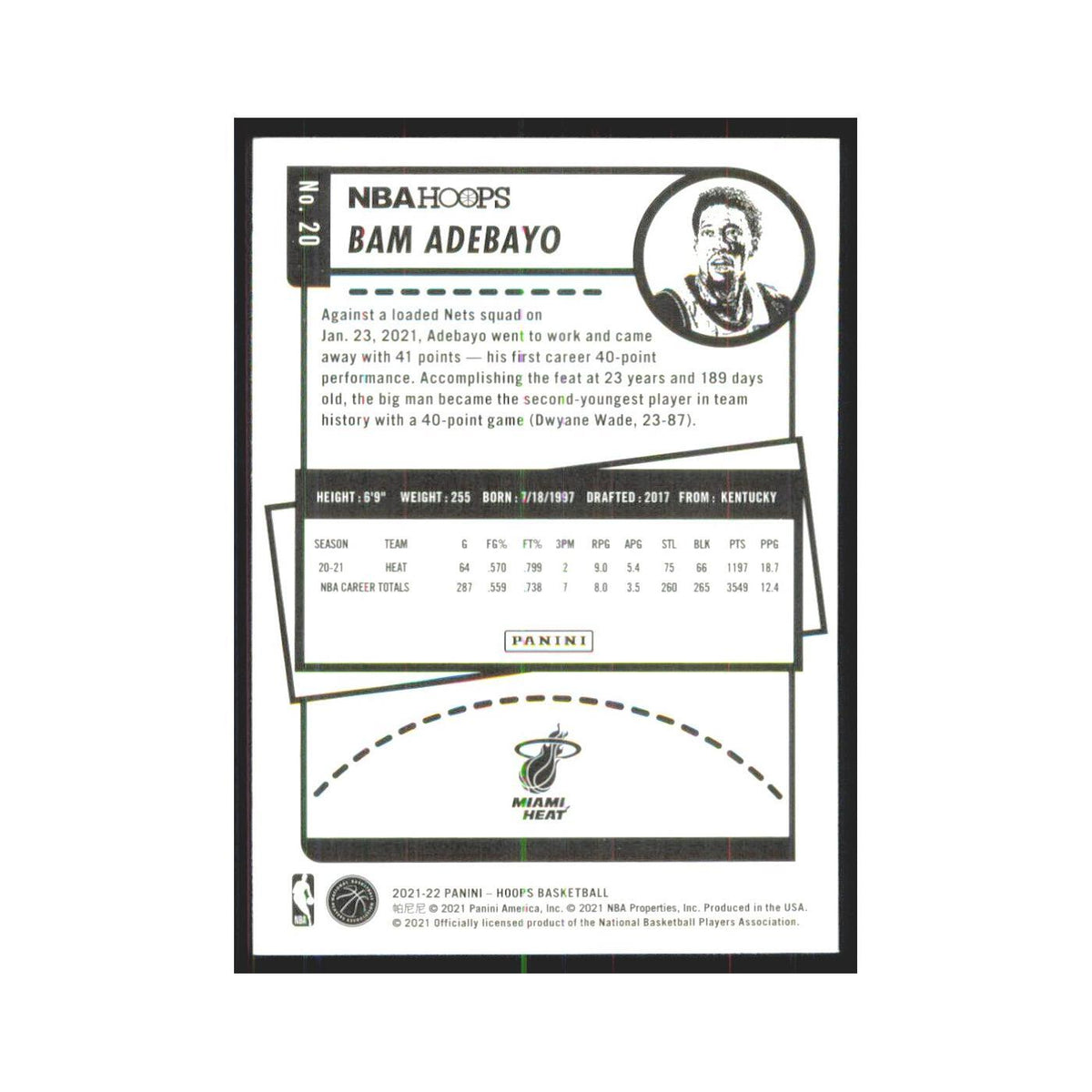 Bam Adebayo 2021 NBA Hoops #20 Miami Heat Basketball Card NM