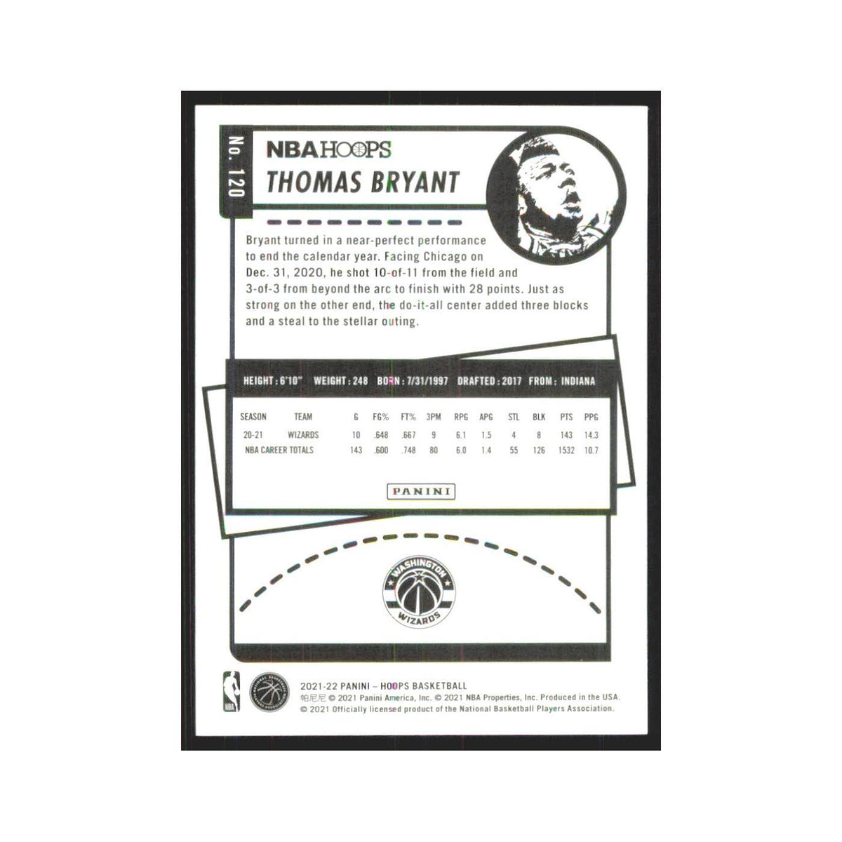 Thomas Bryant 2021 NBA Hoops #120 Washington Wizards Basketball Card NM