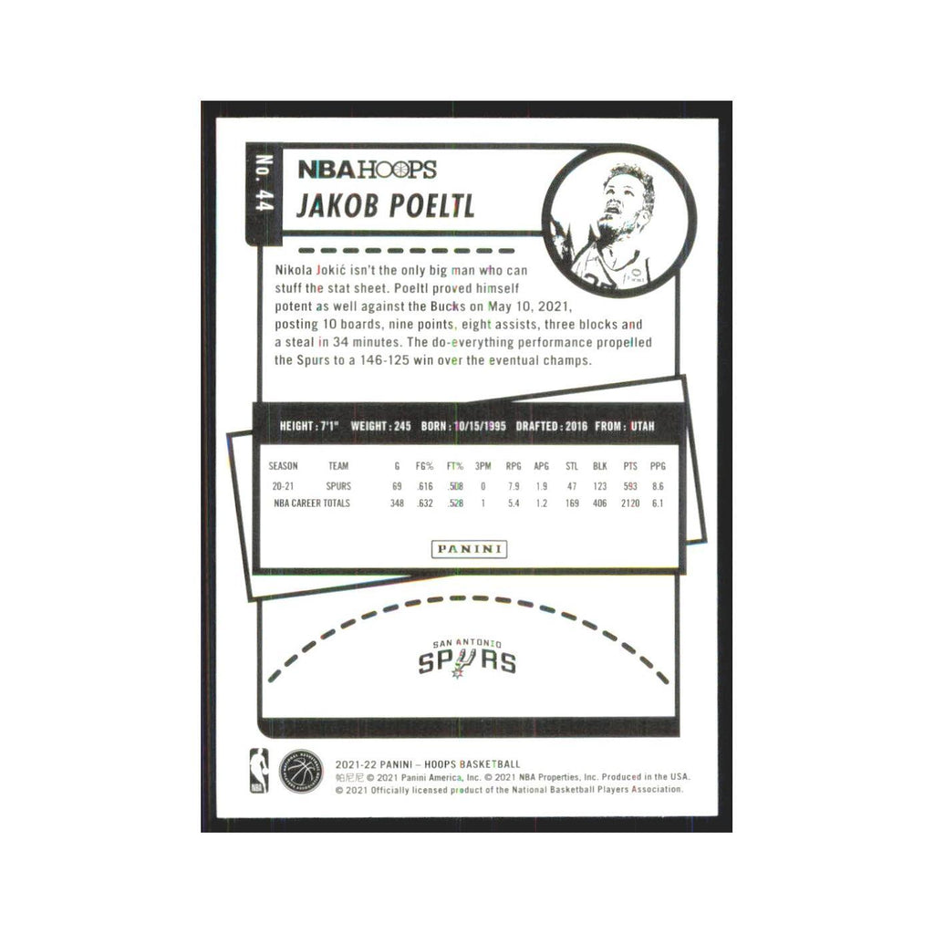 Jakob Poeltl 2021 NBA Hoops #44 San Antonio Spurs Basketball Card NM