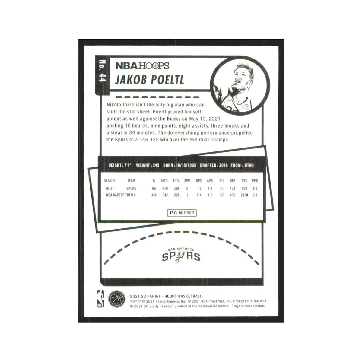 Jakob Poeltl 2021 NBA Hoops #44 San Antonio Spurs Basketball Card NM