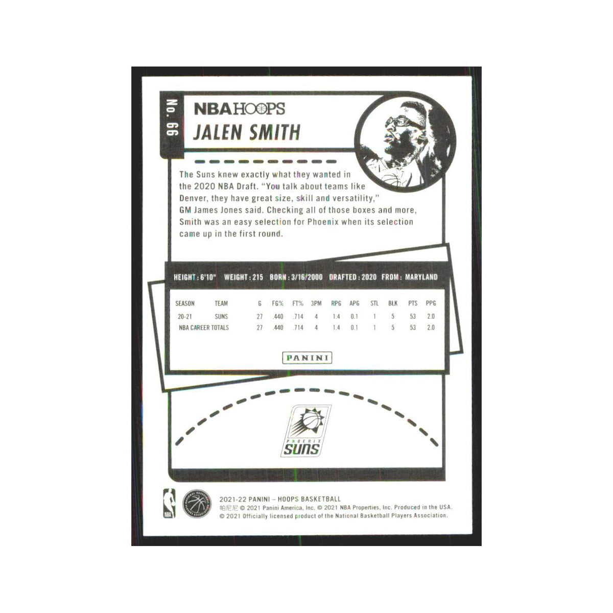 Jalen Smith 2021 NBA Hoops #66 Phoenix Suns Basketball Card NM