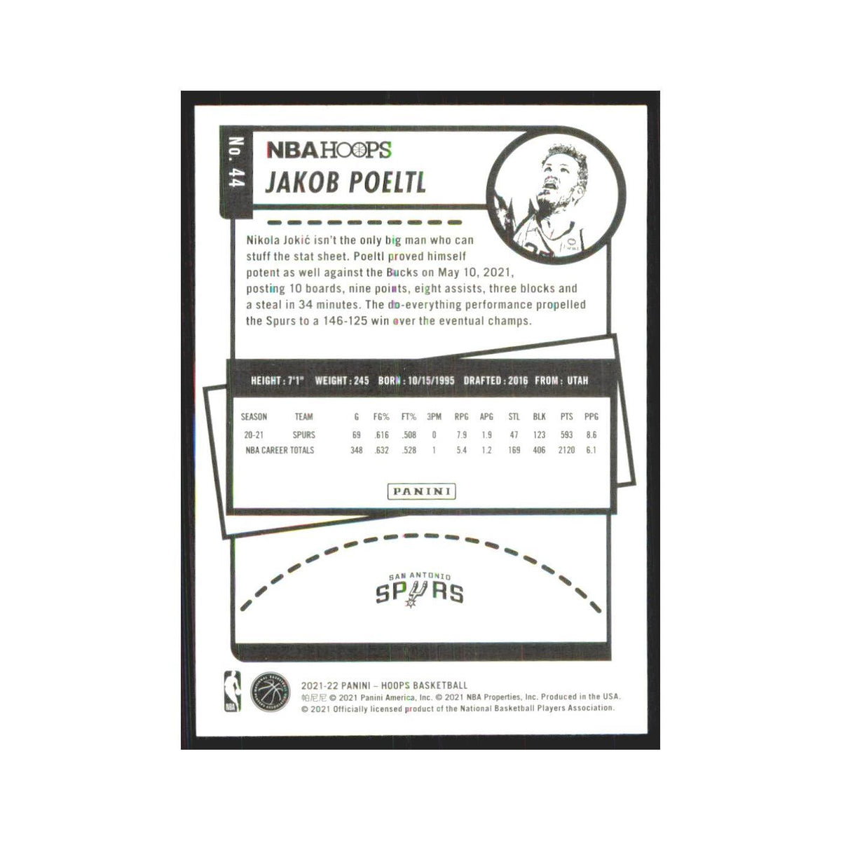 Jakob Poeltl 2021 NBA Hoops #44 San Antonio Spurs Basketball Card NM
