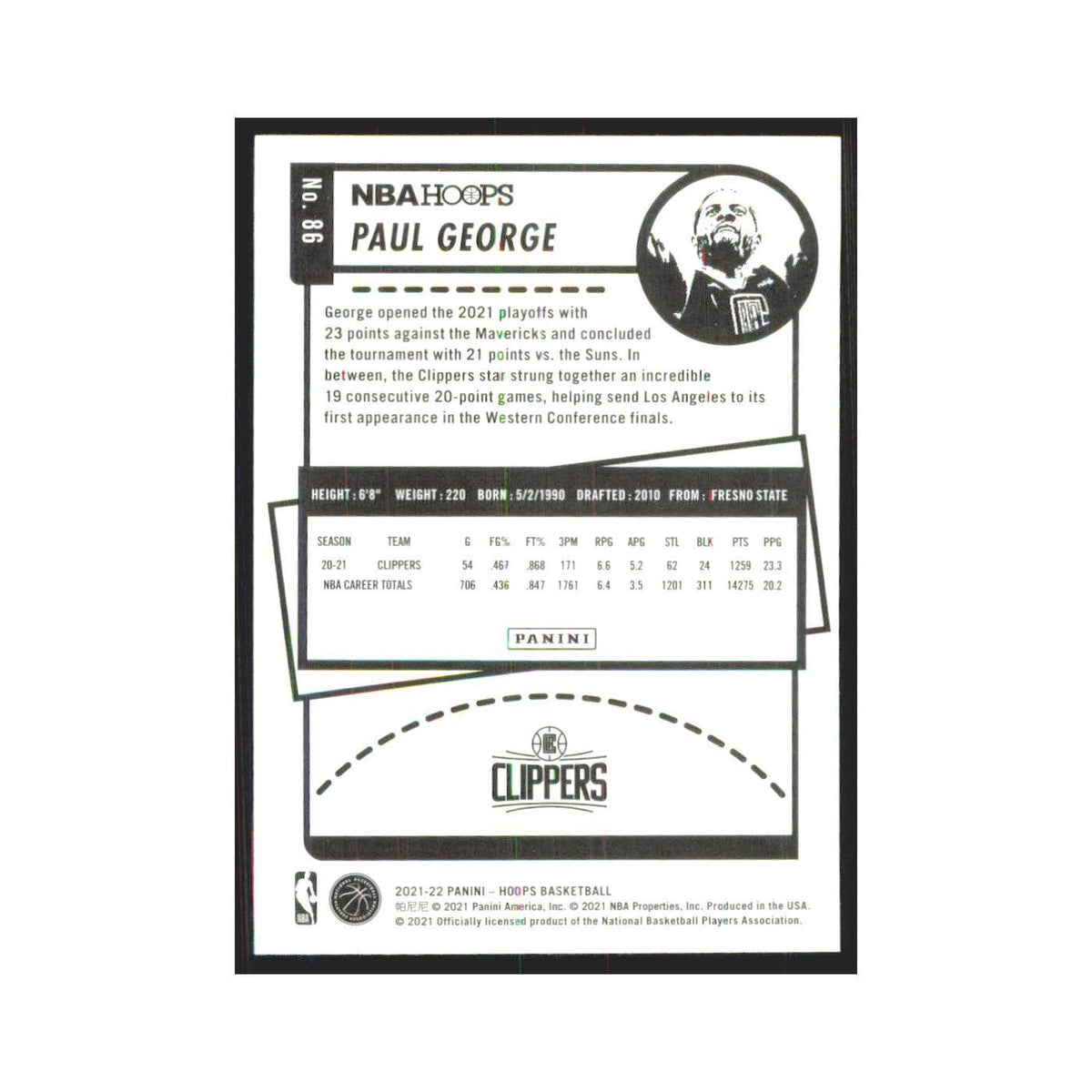 Paul George 2021 NBA Hoops #86 Los Angeles Clippers Basketball Card NM