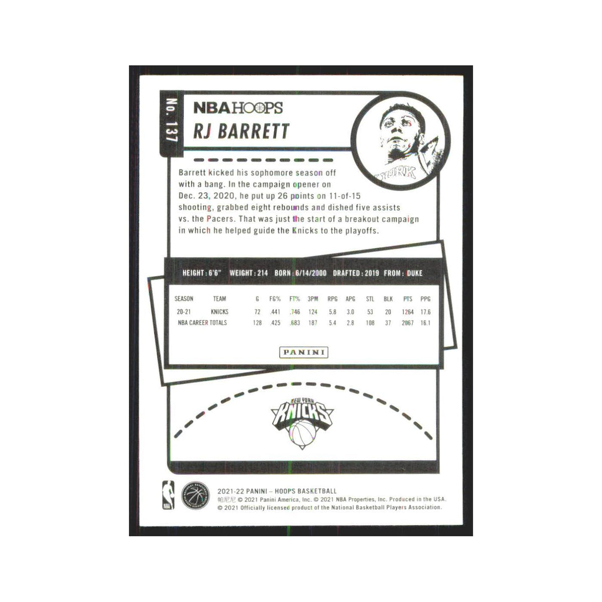 RJ Barrett 2021 NBA Hoops #137 New York Knicks Basketball Card NM