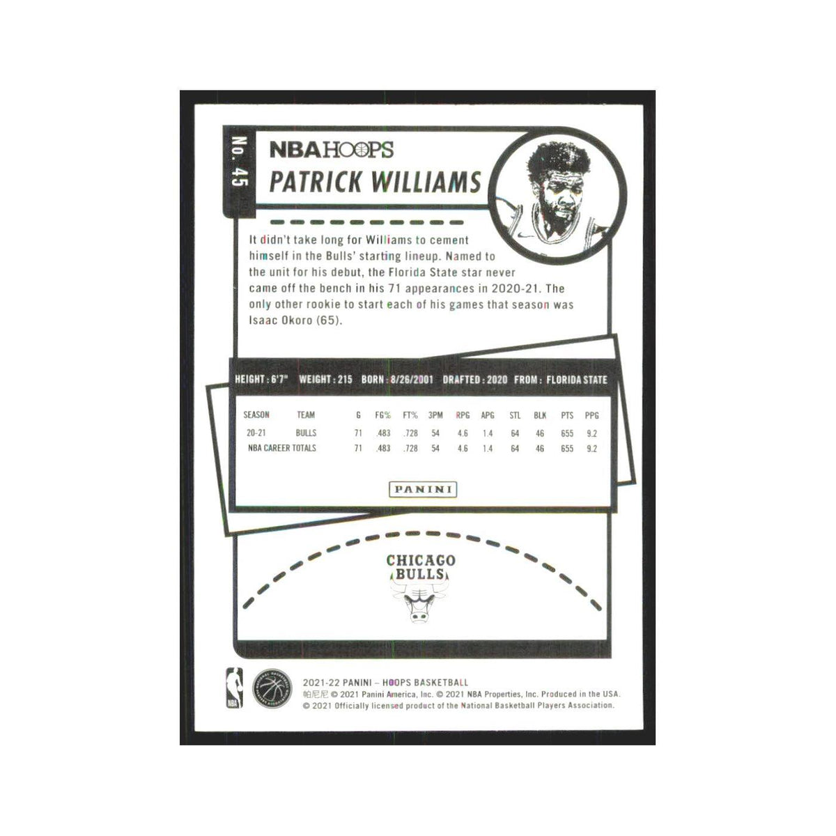 Patrick Williams 2021 NBA Hoops #45 Chicago Bulls Basketball Card NM