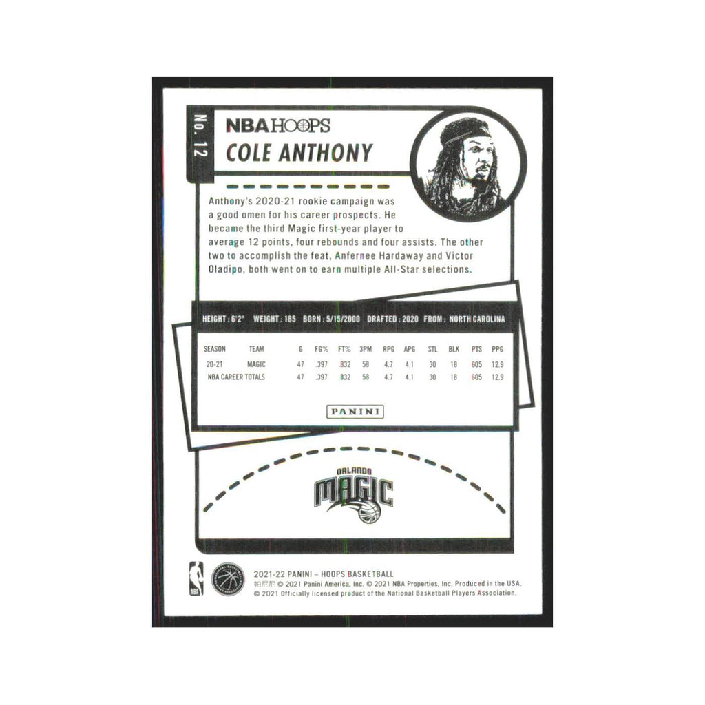 Cole Anthony 2021 NBA Hoops #12 Orlando Magic Basketball Card NM