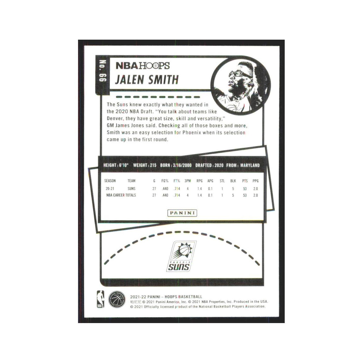 Jalen Smith 2021 NBA Hoops #66 Phoenix Suns Basketball Card NM