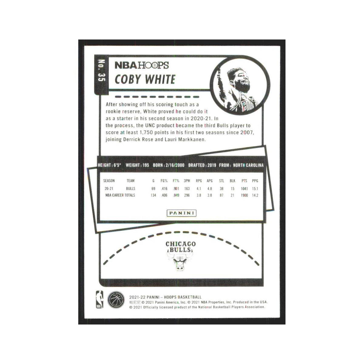 Coby White 2021 NBA Hoops #35 Chicago Bulls Basketball Card NM
