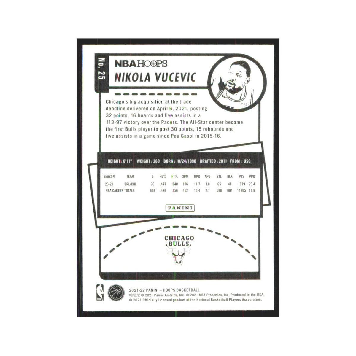 Nikola Vucevic 2021 NBA Hoops #25 Chicago Bulls Basketball Card NM