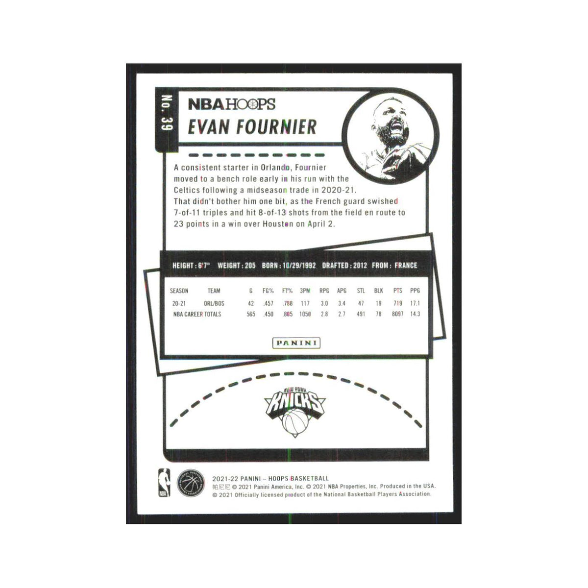 Evan Fournier 2021 NBA Hoops #39 New York Knicks Basketball Card NM