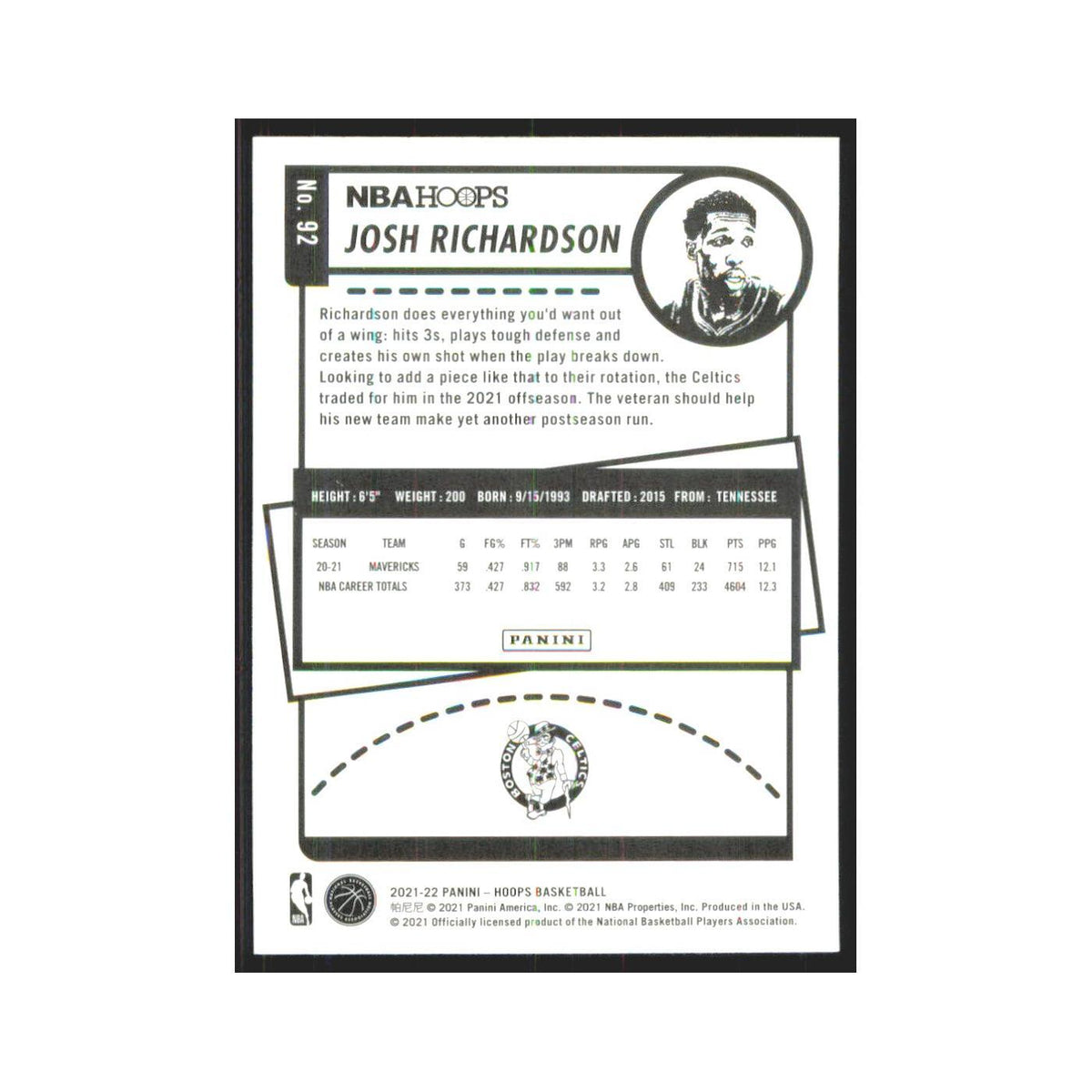 Josh Richardson 2021 NBA Hoops #92 Boston Celtics Basketball Card NM