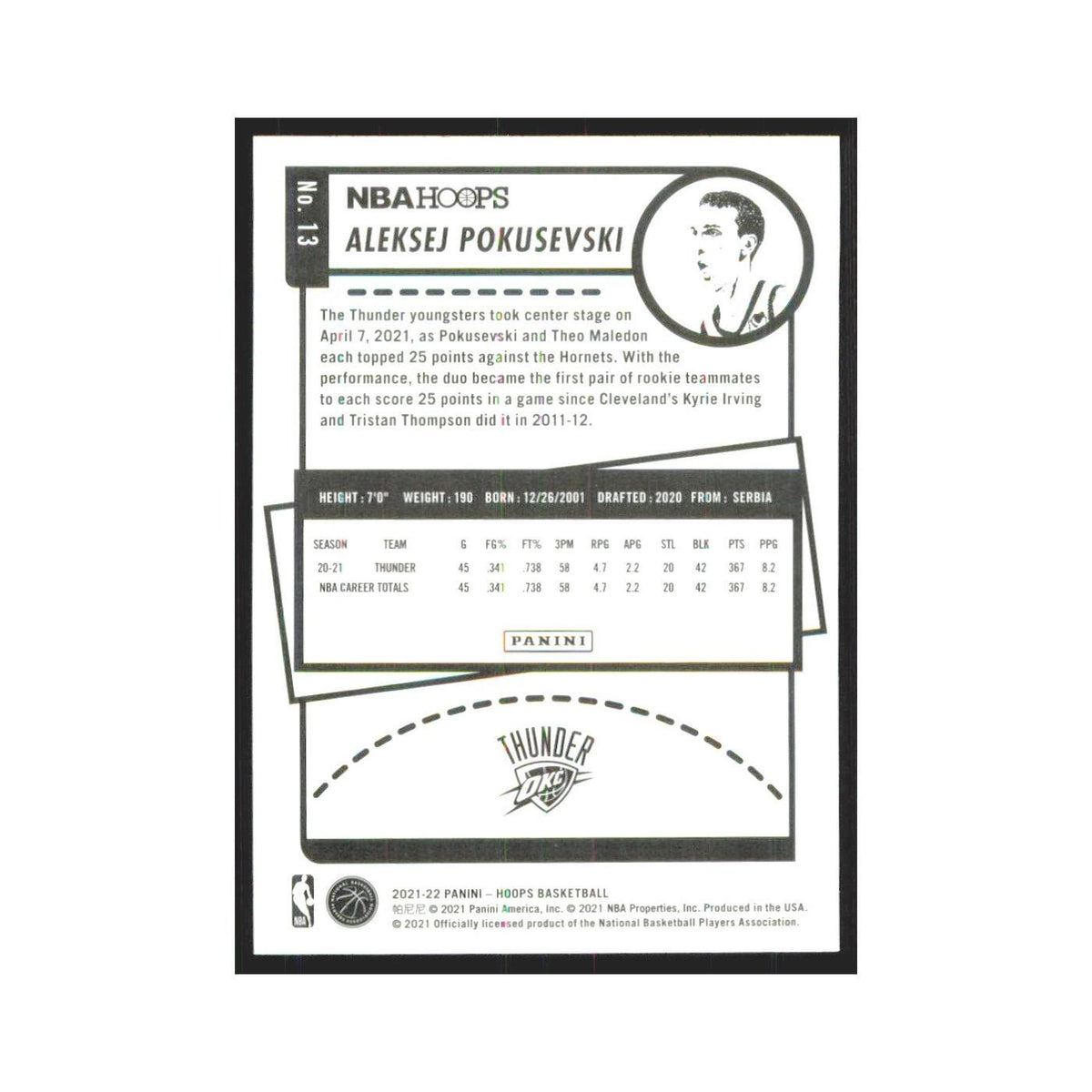 Aleksej Pokusevski 2021 NBA Hoops #13 Oklahoma City Thunder Basketball Card NM